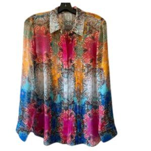 Elie Tahari Sheer Silk Multi Color Print Long Sleeve Blouse, Size Small